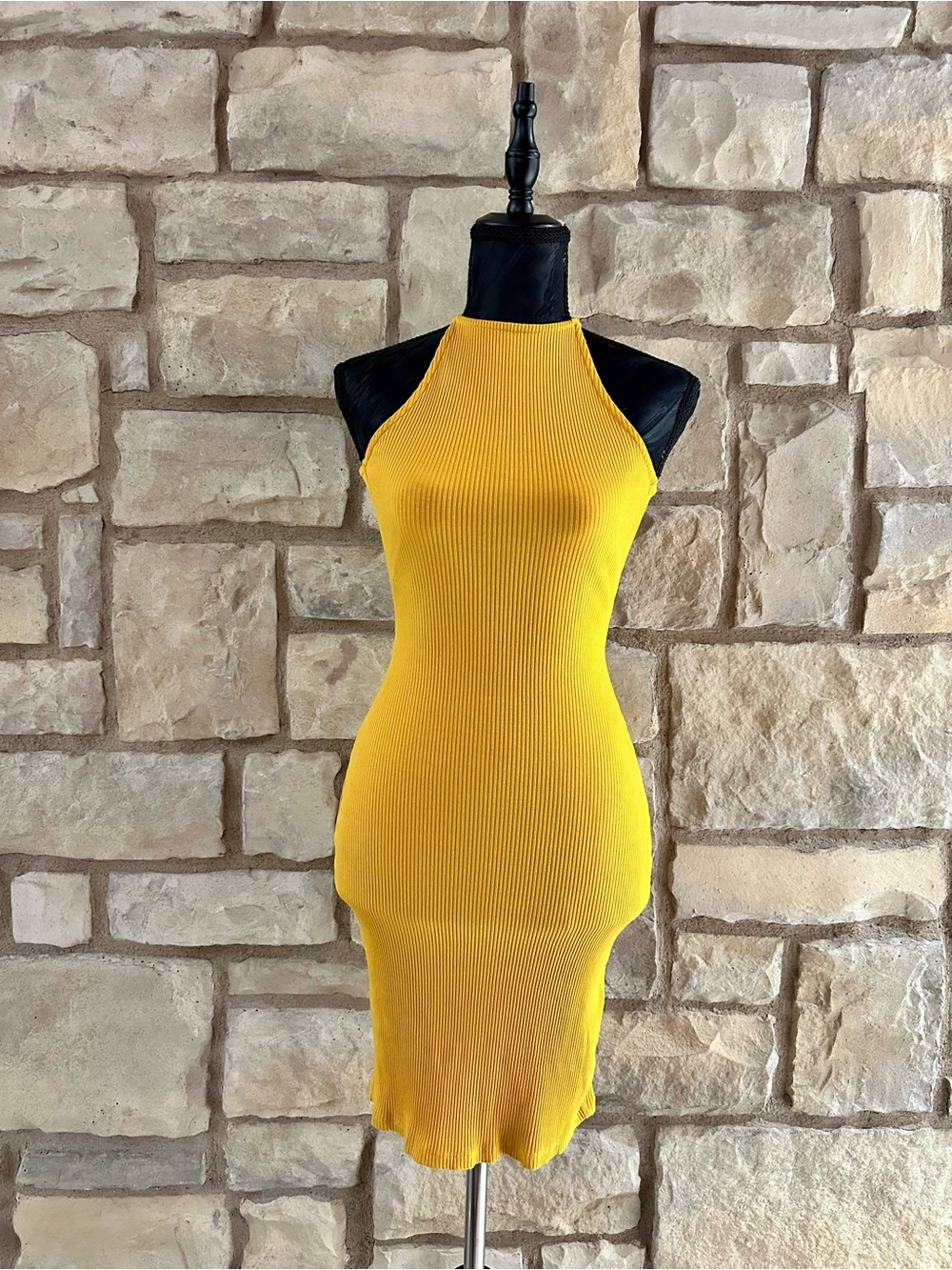 H&M Yellow Ribbed Halter Midi Dress